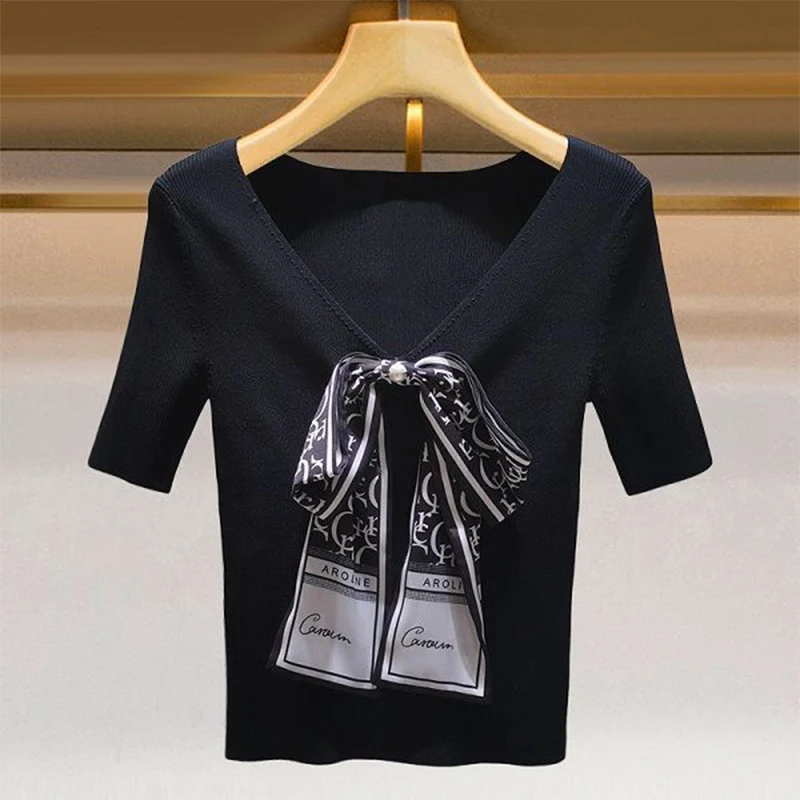 Women Clothing Chic Bow Korean Fashion T-shirt Summer Slim Short Sleeve V-neck Knitted Pullovers Female Simple All-match Tops
Women Clothing Chic Bow Korean Fashion T-shirt Summer Slim Short Sleeve V-neck Knitted Pullovers Female Simple All-match Tops