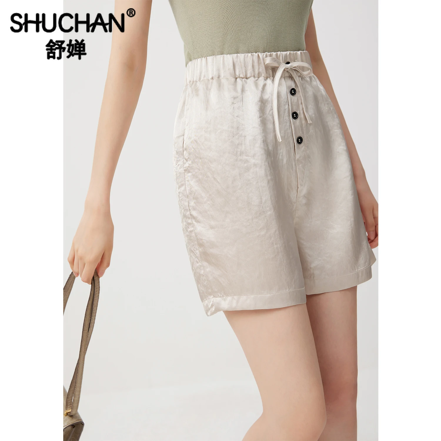 

SHUCHAN Pantalones Cortos De Mujer Shorts Feminino High Waisted Shorts Acetate High Street SATIN Summer Shorts Women