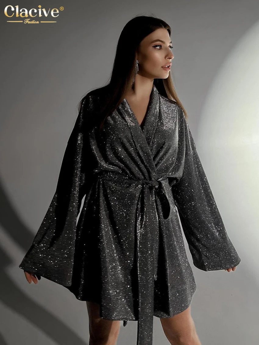 Clacive Fashion Loose Gray Glitter Women'S Dresses 2023 Casual Lapel Long Sleeve Mini Dress Elegant Simple Lace-Up Female Dress
Clacive Fashion Loose Gray Glitter Women'S Dresses 2023 Casual Lapel Long Sleeve Mini Dress Elegant Simple Lace-Up Female Dress