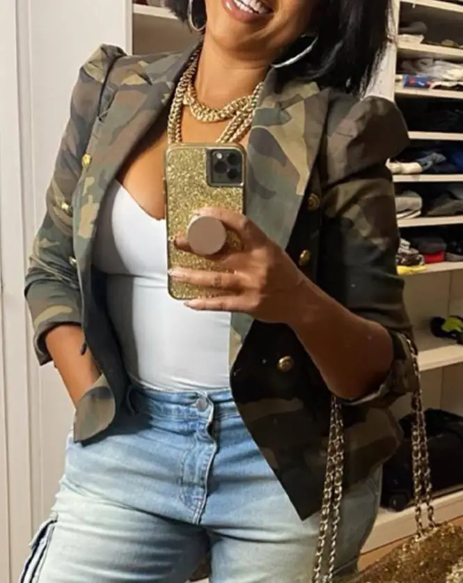 

Elegant Loose Abstraction Print Shirt Office Blouses Long Sleeve Tops Camouflage Print Puff Sleeve Double Breasted Blazer