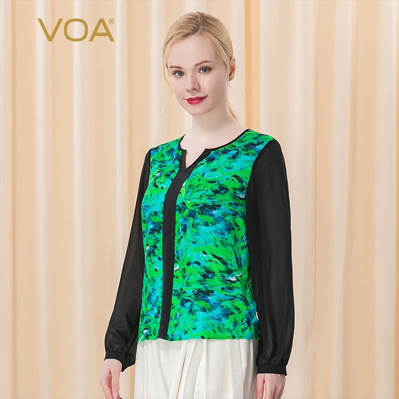 

(Clearance Sale)VOA Silk Boho Gradient Jacquard Half Open Collar T-Shirts Georgette Long Sleeve Tops Women Clothing BE211