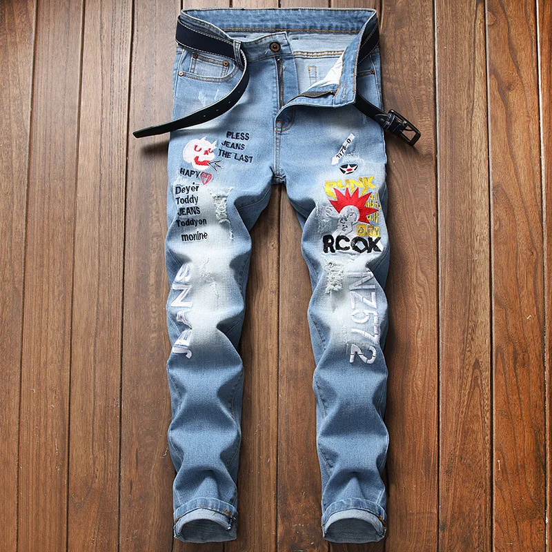 Light Blue Embroidered Men's Jeans Slim-fit Straight-leg Ripped Trousers High Quality Japanese Harajuku Fashion Joker Pants Men
Light Blue Embroidered Men's Jeans Slim-fit Straight-leg Ripped Trousers High Quality Japanese Harajuku Fashion Joker Pants Men