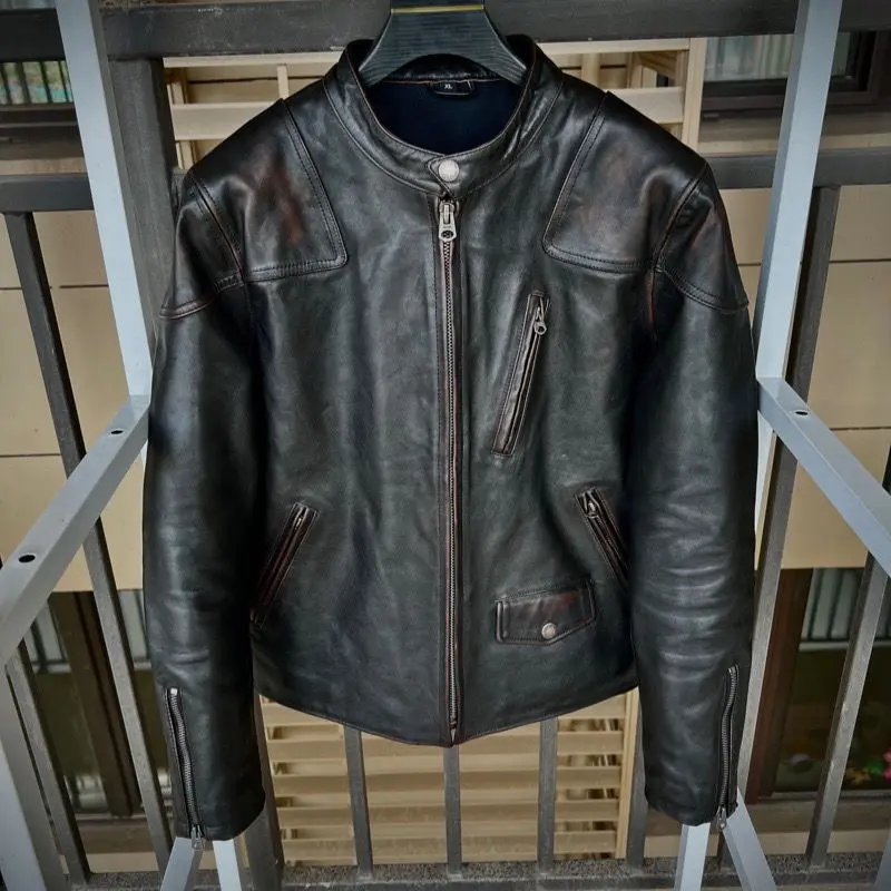 

Винтажная черная Весенняя кожаная куртка в мотоциклетном стиле, мужское тонкое короткое пальто из натуральной кожи размером 4XL
