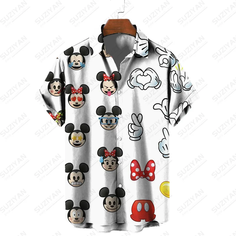

Рубашка мужская с коротким рукавом, гавайская блузка с 3D принтом Диснея Микки, на пуговицах, модная Свободная кофта, топ оверсайз, лето