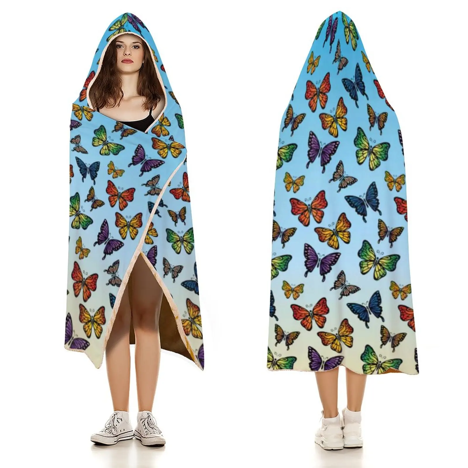 Разноцветное флисовое покрывало с капюшоном и бабочками 
Разноцветное флисовое покрывало с капюшоном и бабочками