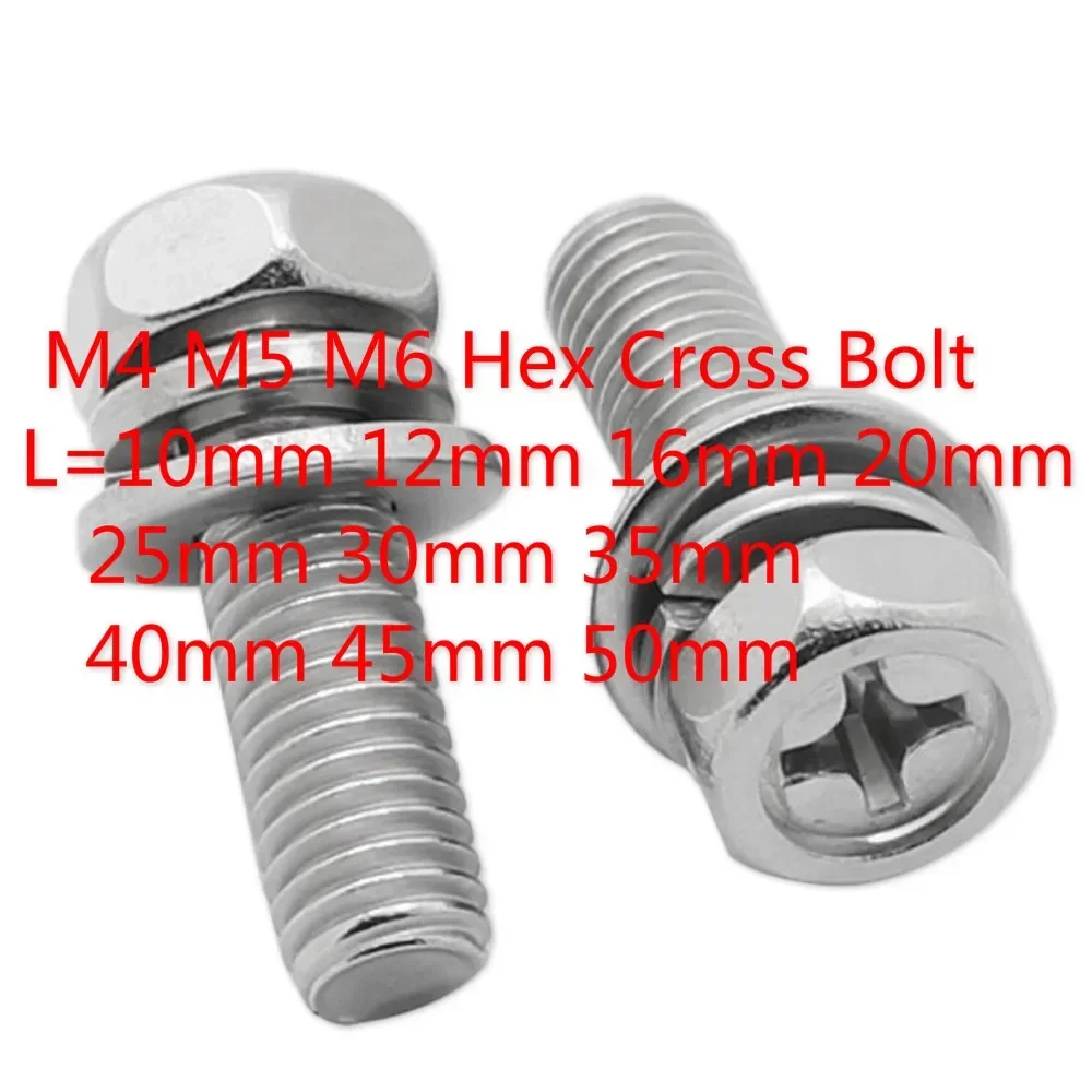 

40pcs M4 M5 M6 Hex Cross Bolt Phillips Head Phillips Hexagon Screws Flat Spring Washers 304 Stainless Steel L=10-50mm 16mm 30mm