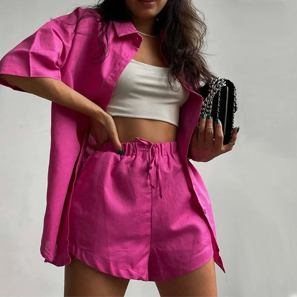 Summer Women Matching Set Fashion Outifits Two Piece Sets Short Sleeve Button Shirt Top and Shorts
Summer Women Matching Set Fashion Outifits Two Piece Sets Short Sleeve Button Shirt Top and Shorts