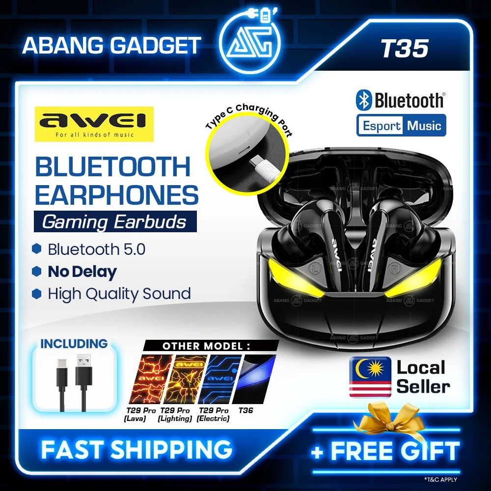 Awei | T35, T29, T28 Pro No Delay TWS Wireless Bluetooth 5.0 Gaming Earphone Low Latency Gaming Stereo Bluetooth Headset
Awei | T35, T29, T28 Pro No Delay TWS Wireless Bluetooth 5.0 Gaming Earphone Low Latency Gaming Stereo Bluetooth Headset