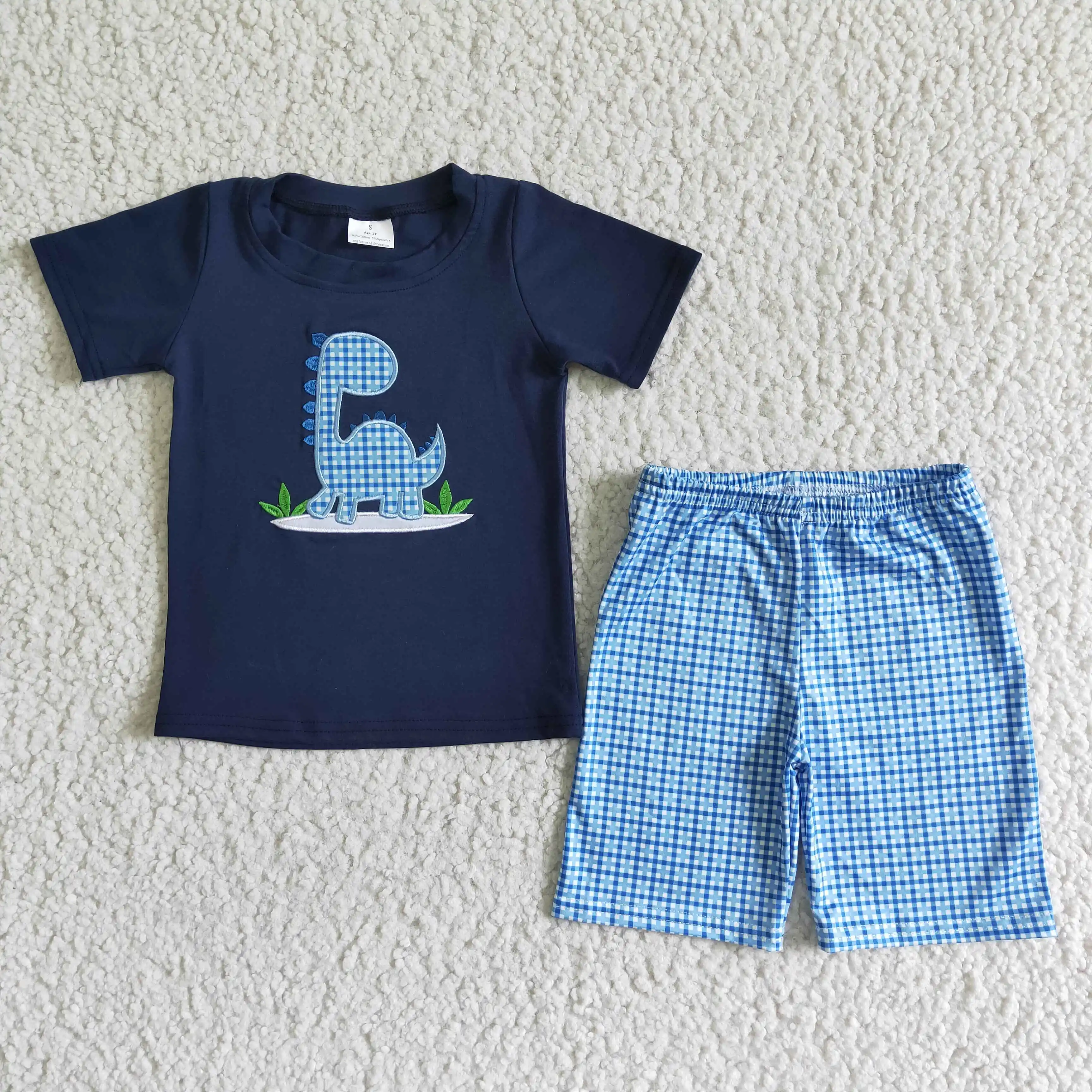 new arrival boy cotton navy blue shirt and plaids shorts set kids summer embroidery dinosaur outfit
new arrival boy cotton navy blue shirt and plaids shorts set kids summer embroidery dinosaur outfit