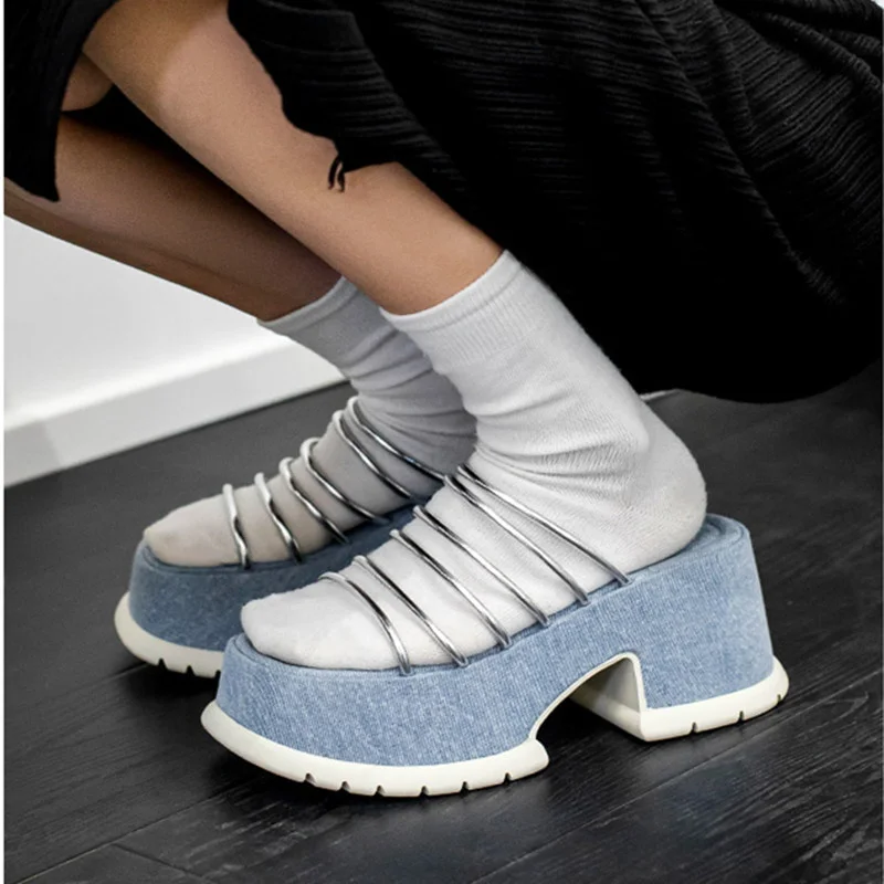 

2023 Summer New Style Thick-soled Blue Denim Wedge Sandals Women Increase Height One Word Sandals Lazy Outerwear Women Slippers