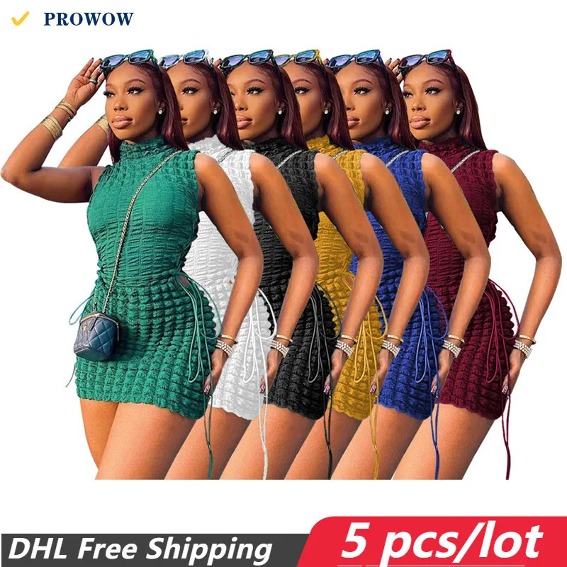 

Wholesale Women Bubble Cloth Package Hip Dresses 2023 Summer Casual Lady Mini Dress Solid Sides Drawstring Hollow Vestidos 7566