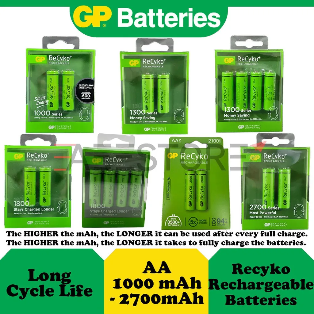 

GP AA Recyko+ Rechargeable Battery ( 1000 mAh / 1300 mAh / 1800 mAh / 2100 mAh / 2700 mAh )