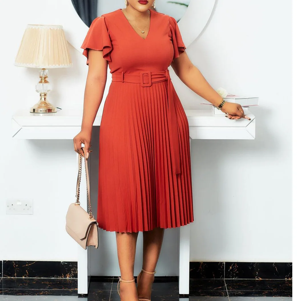 Women Elegant African Dresses Sexy V-neck Short Sleeve With Belt Solid Color Dress Fashion Pleated A-Line Dress African Clothes
Women Elegant African Dresses Sexy V-neck Short Sleeve With Belt Solid Color Dress Fashion Pleated A-Line Dress African Clothes