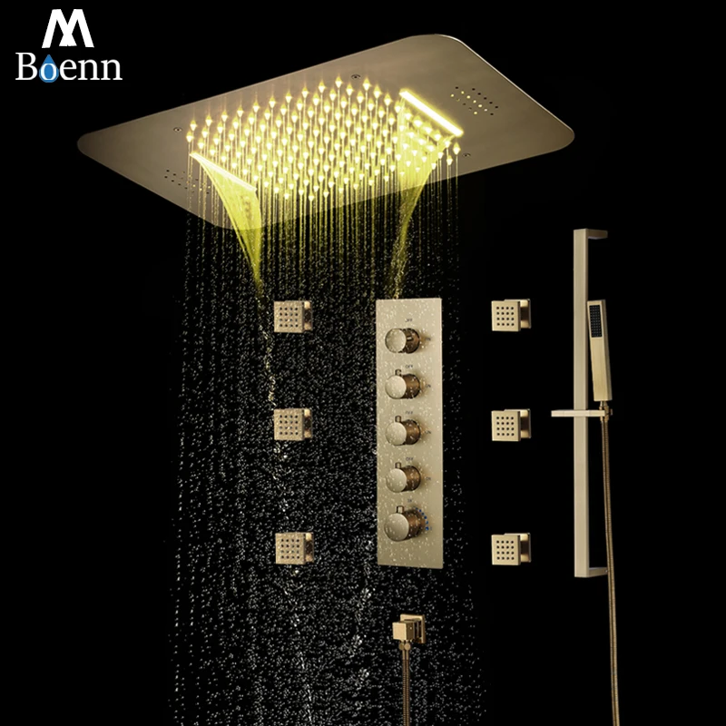 

M Boenn 22.8*14.9 Inch Brushed Gold Shower Set Thermostatic Mixer Music Speaker Shower Head Concealed Diverter Bathroom Faucets