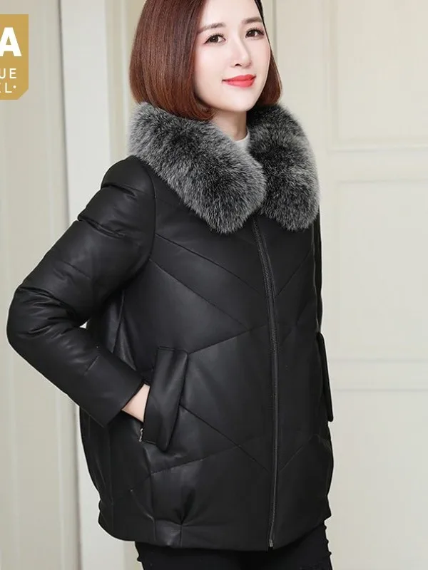 Down Winter Women Genuine Leather Jacket Loose Fit Ladies Sheepskin Fox Fur Collar Warm Outerwear Coat White Duck Down Jackets
Down Winter Women Genuine Leather Jacket Loose Fit Ladies Sheepskin Fox Fur Collar Warm Outerwear Coat White Duck Down Jackets