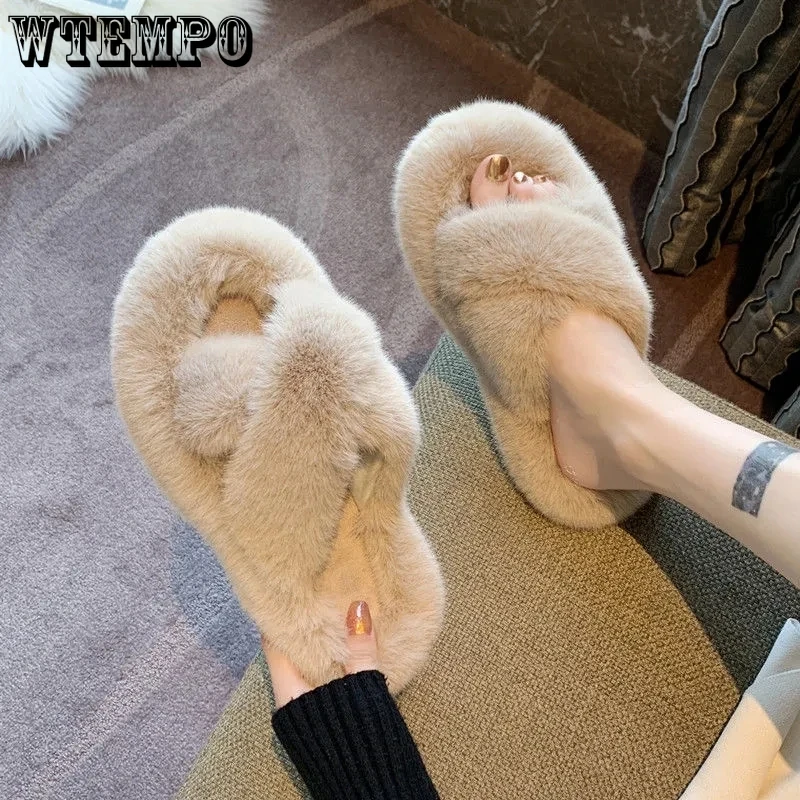 

WTEMPO Wool Slippers Female Fall Winter New Korean Fashion Slip-ons Non Slip Soft Sole Solid Household Cotton Slippers Wholesale