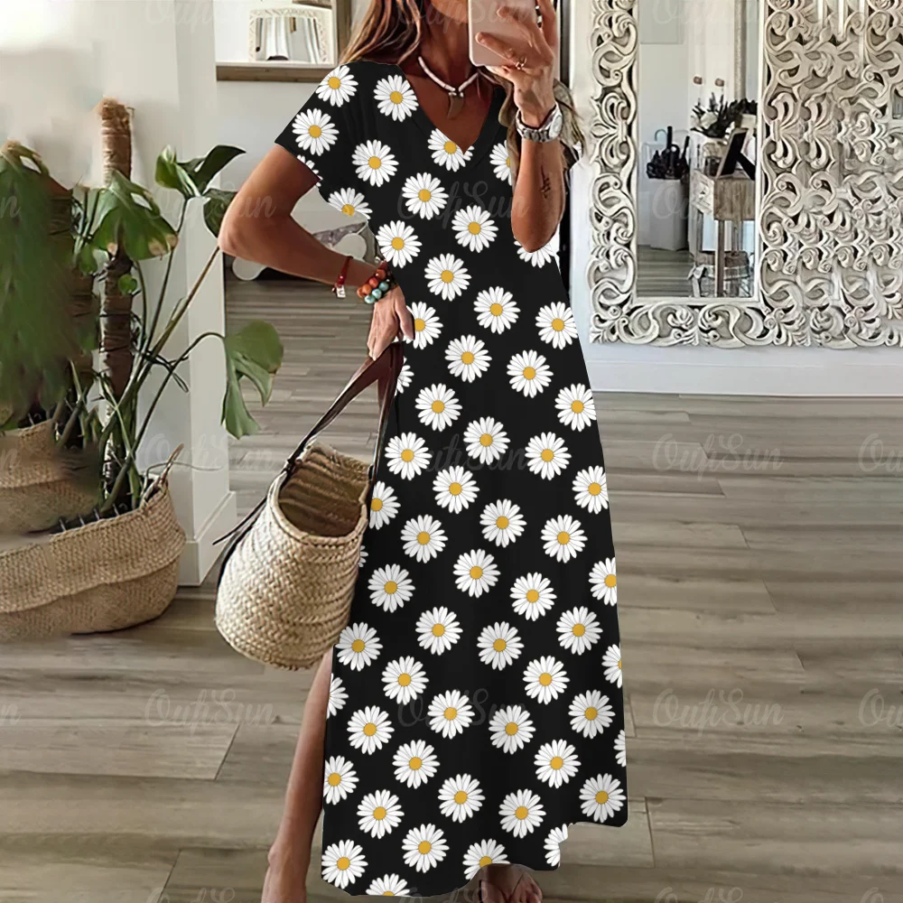 Womens Split Long Dresses 3d Daisy Print Fashion V Neck Dress Summer Casual A-Skirt Elegant Party Dresses For Women Autumn 2023 
Womens Split Long Dresses 3d Daisy Print Fashion V Neck Dress Summer Casual A-Skirt Elegant Party Dresses For Women Autumn 2023