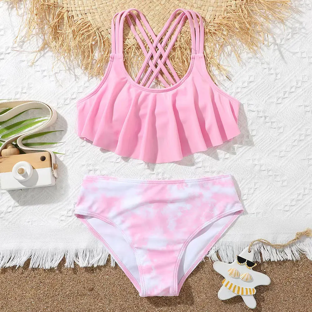 

Tie Dye Girls Swimsuit Kids Ruffle Flounce Bikini Set Criss Cross Two Piece Children's Swimwear 7-14 Years Bathing Suit Biquini