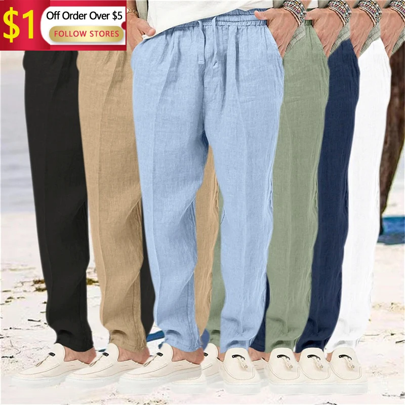 

Male All Matching Breathable Pants Solid Color Drawstring Multi Pocket Trousers Cotton-Linen Long Man Pant Masculina