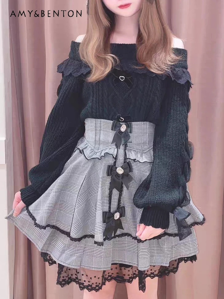 

Женская юбка лолита в японском стиле, осенняя Милая клетчатая юбка на шнуровке с бантом, облегающая универсальная плиссированная юбка с высокой талией для женщин