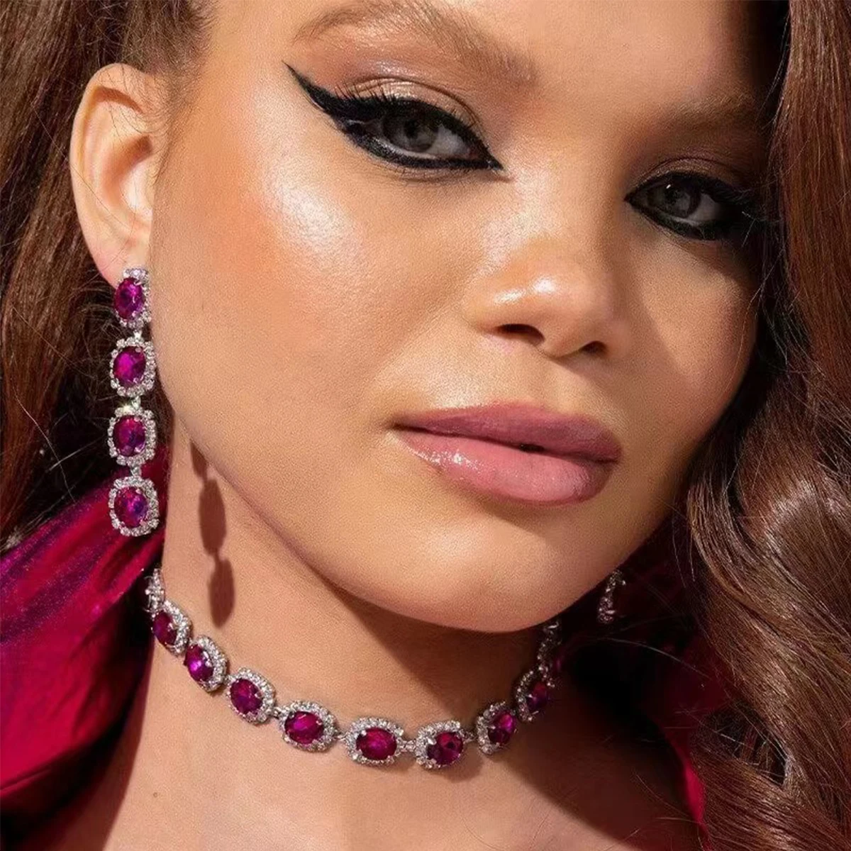 Wedding Jewelry Sets Luxury Fuchsia Rhinestone Necklace Earrings For Women Long Drop Sets Banquet Accessories
Wedding Jewelry Sets Luxury Fuchsia Rhinestone Necklace Earrings For Women Long Drop Sets Banquet Accessories
