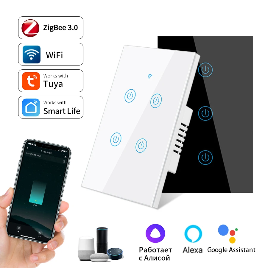 

Zigbee/WiFi Wall Touch Light Switch Smart Life AC100-240V Interruptor Zigbee Tuya Works with Alexa Google Home 1/2/3/4 Gang 10A