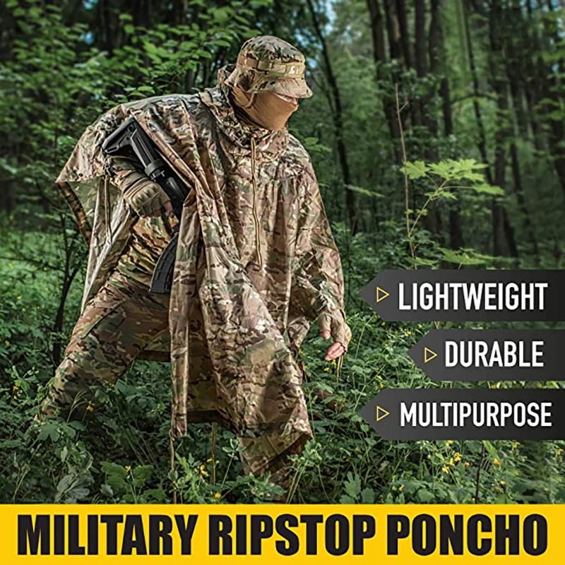 

Multi Functional Camo Poncho Canopy PU Coating Lengthened Waterproof Raincoat With Umbrella Rope For Mountain Climbing Riding