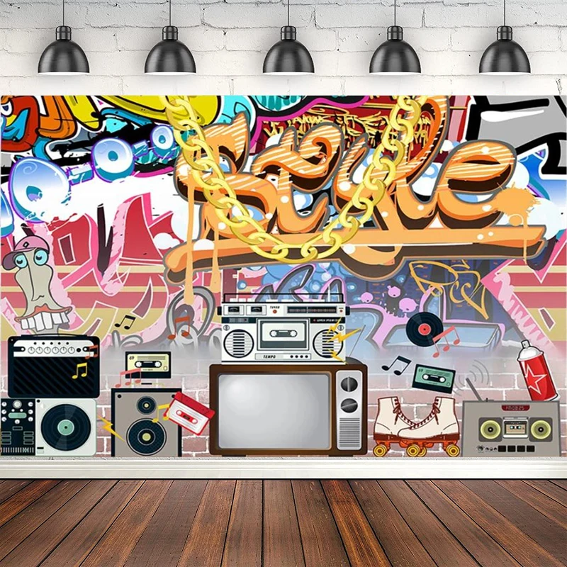 

Hip Pop Poster Graffiti Rock Radio Photography Backdrop Vintage 90s 80s Themed Party Decoration Photo Background Banner