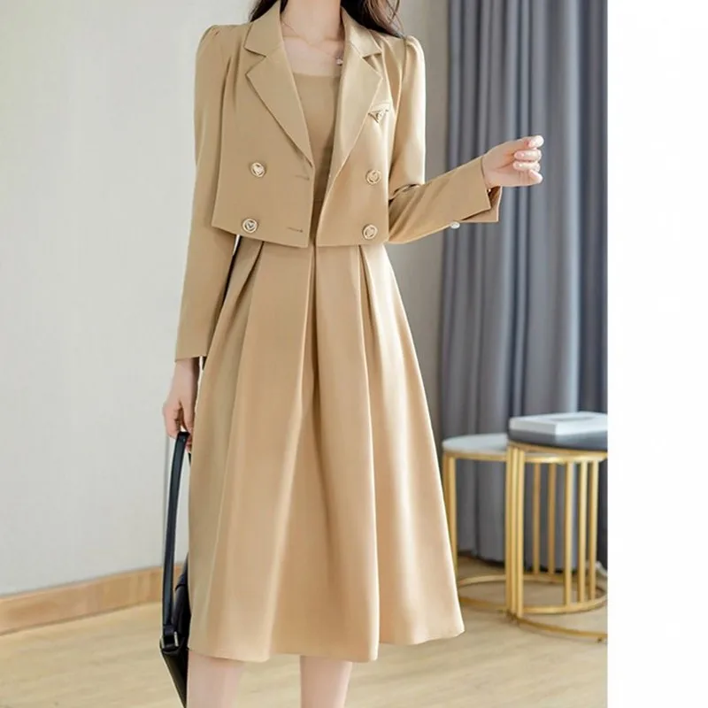 

Office Lady Elegant Midi Pleated Skirt Two Piece Sets Women Korean Cropped Balzer Jacket And A-Line Skirts Suit Ensemble Femme