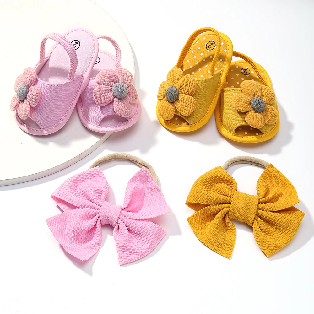 

0~12M Newborn Baby Flower Shoes Sandals Headband Set Kids Bows Anti Slip Toddler Infant First Walker Girls Soft Sole Shoes