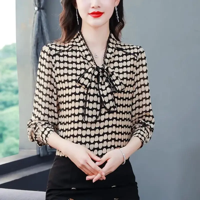 Spring Elegant Scarf Collar Blouse Women's Clothing Fashion Drawstring Bow Vintage Dot Printed Casual Lace Spliced Commute Shirt
Spring Elegant Scarf Collar Blouse Women's Clothing Fashion Drawstring Bow Vintage Dot Printed Casual Lace Spliced Commute Shirt