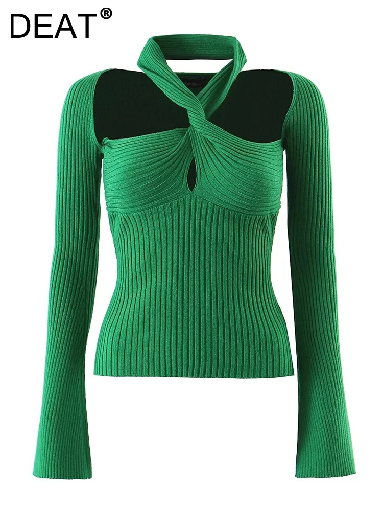 DEAT Fashion Women's Knitting Top Slim Halter Cross Hollow Out Off Shoulder Flare Sleeve Green Sweater Summer 2023 New 17A2944
DEAT Fashion Women's Knitting Top Slim Halter Cross Hollow Out Off Shoulder Flare Sleeve Green Sweater Summer 2023 New 17A2944