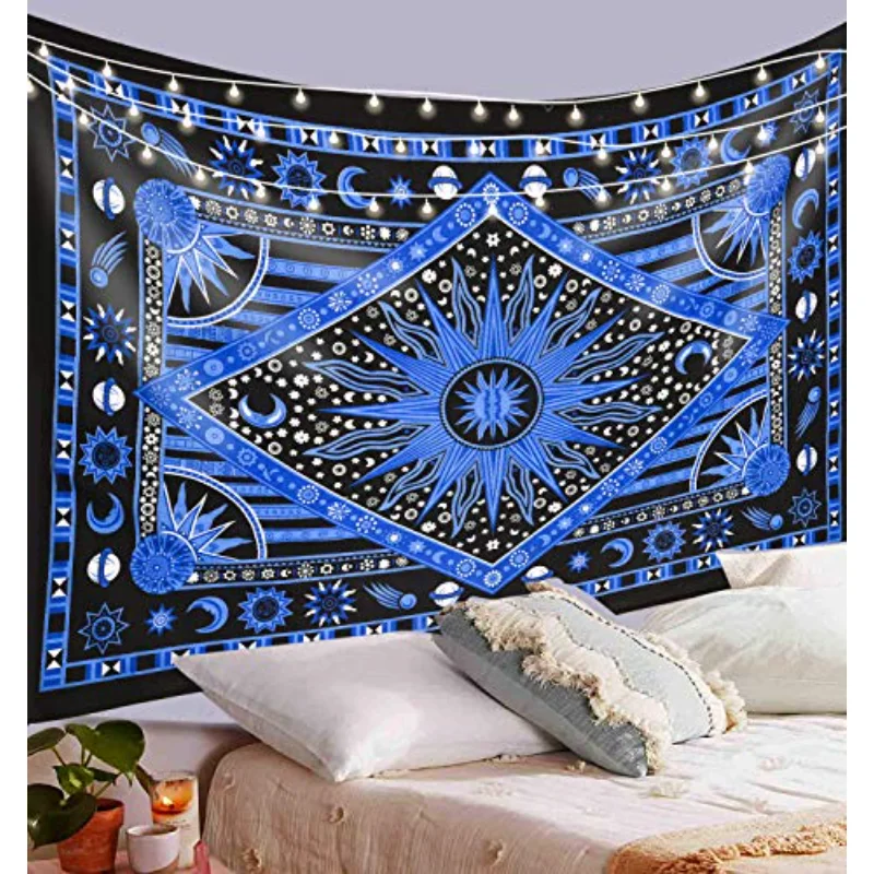 

Burning Sun Tie-Dye Tapestry, Celestial Sun Moon Stars Planet Boho Poster Tapestry Tarot Wall Hanging Hippie Beach Bedspread