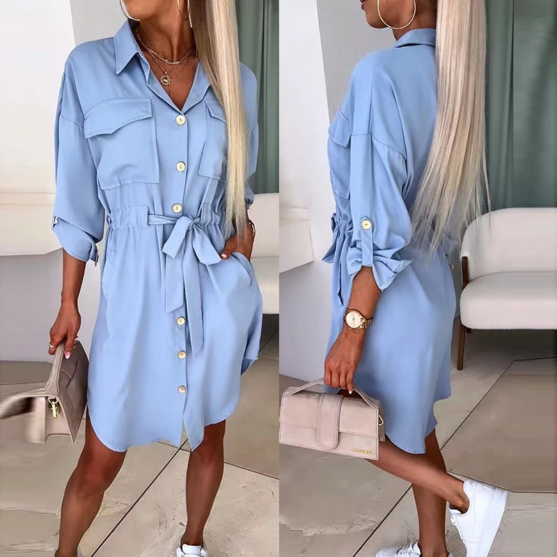 New Spring Turn-down Collar Midi Shirt Dress Women Single Breasted Tie-Up Pocket Dress Autumn Long Sleeve Solid Party Maxi Dress
New Spring Turn-down Collar Midi Shirt Dress Women Single Breasted Tie-Up Pocket Dress Autumn Long Sleeve Solid Party Maxi Dress