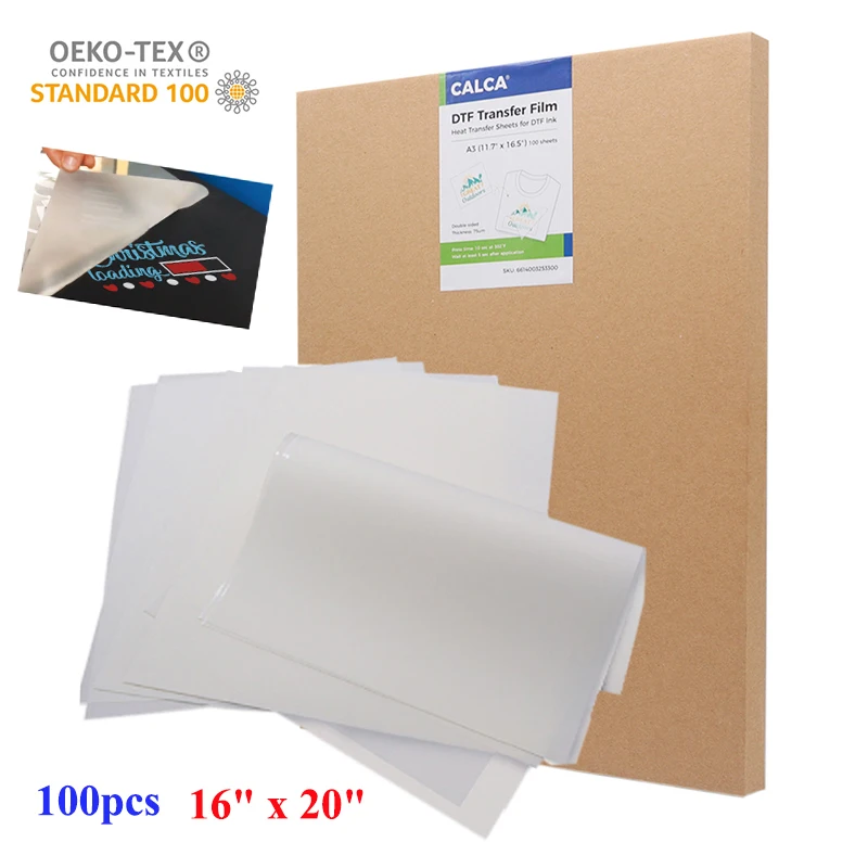 

CALCA 100 Sheets 16" x 20" DTF Transfer Film Hot Cold Peel Double Sided Film for Direct to Transfer Film Printing Bulk Wholesale