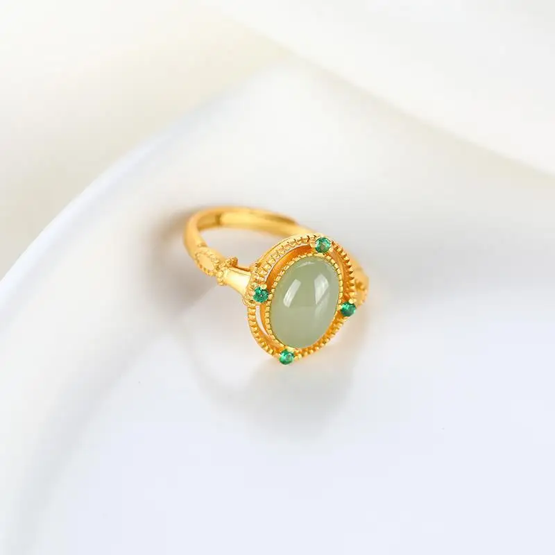 Hetian Green Ring Women's Sterling Silver Jade Court Retro Personalized Index Finger Ring Oval Gilding Elegant Adjustable Ring
Hetian Green Ring Women's Sterling Silver Jade Court Retro Personalized Index Finger Ring Oval Gilding Elegant Adjustable Ring