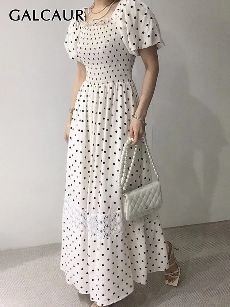 

GALCAUR Polka Dots Dress For Women Square Collar Puff Short Sleeve Gathered Waist Patchwork Lace Dresses Female 2022 Fashion New