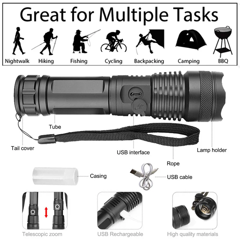

xhp50 most powerful flashlight 5 Modes usb Zoom led torch xhp50 18650 or 26650 battery Best Camping, Outdoor