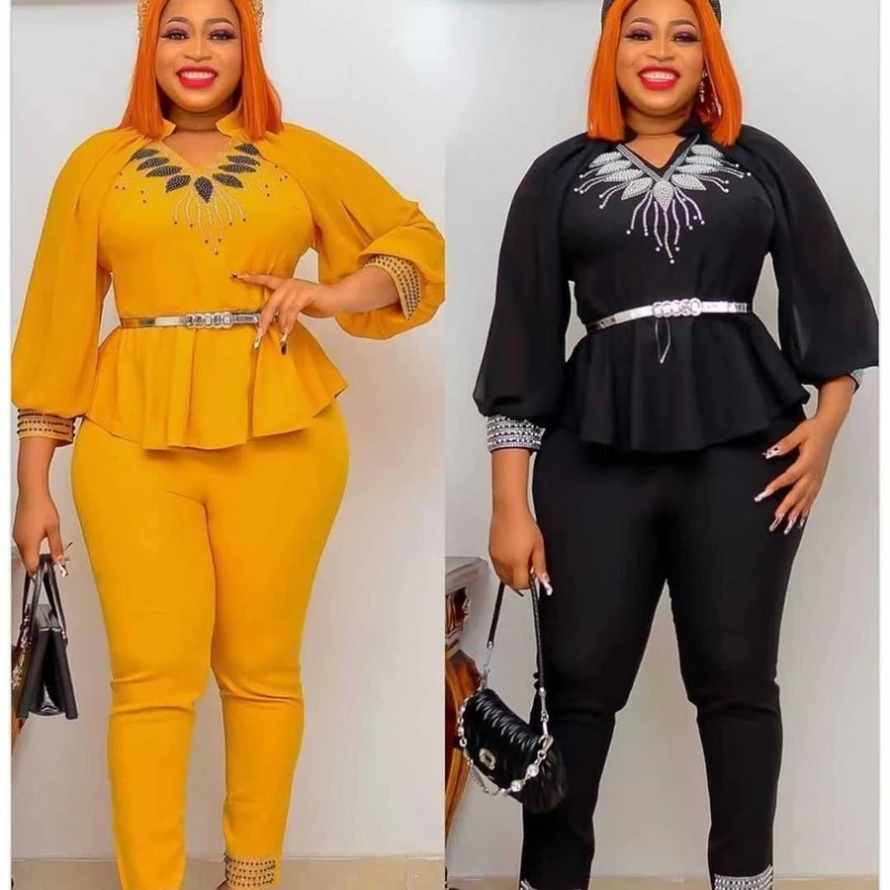 African Clothes For Women 2 Piece Set Mesh Splice Flare Sleeve Tops Outfits Fashion New Diamond Sexy African OL Pant Sets Suits
African Clothes For Women 2 Piece Set Mesh Splice Flare Sleeve Tops Outfits Fashion New Diamond Sexy African OL Pant Sets Suits