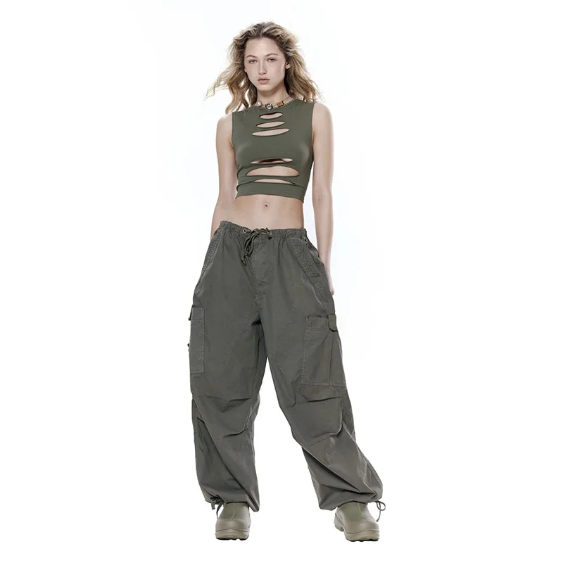 2023 Autumn new high street cool high waist loose wide leg pants star with multi-pocket design sense of casual pants 
2023 Autumn new high street cool high waist loose wide leg pants star with multi-pocket design sense of casual pants