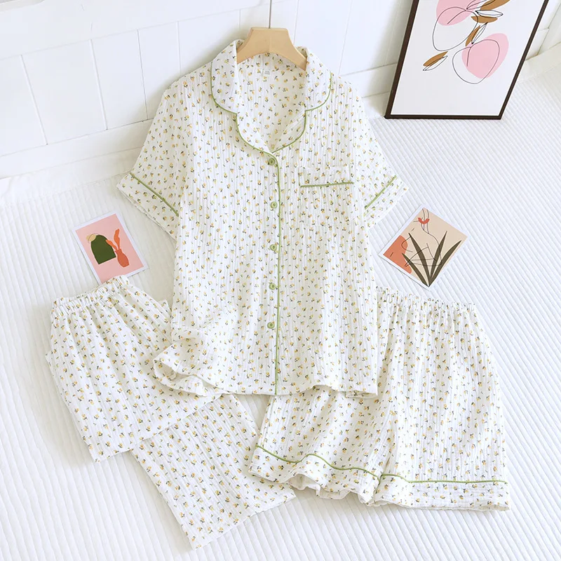 New Summer Pajamas Home Suit Women's Cotton Crepe Three-piece Short Sleeve + Shorts +Trousers Large Size Simple Flower Pants Set
New Summer Pajamas Home Suit Women's Cotton Crepe Three-piece Short Sleeve + Shorts +Trousers Large Size Simple Flower Pants Set