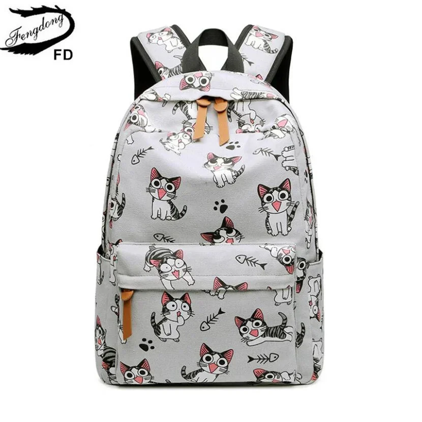 

Fengdong school bags for teenage girls schoolbag children backpacks cute animal print canvas school backpack kids cat bag pack