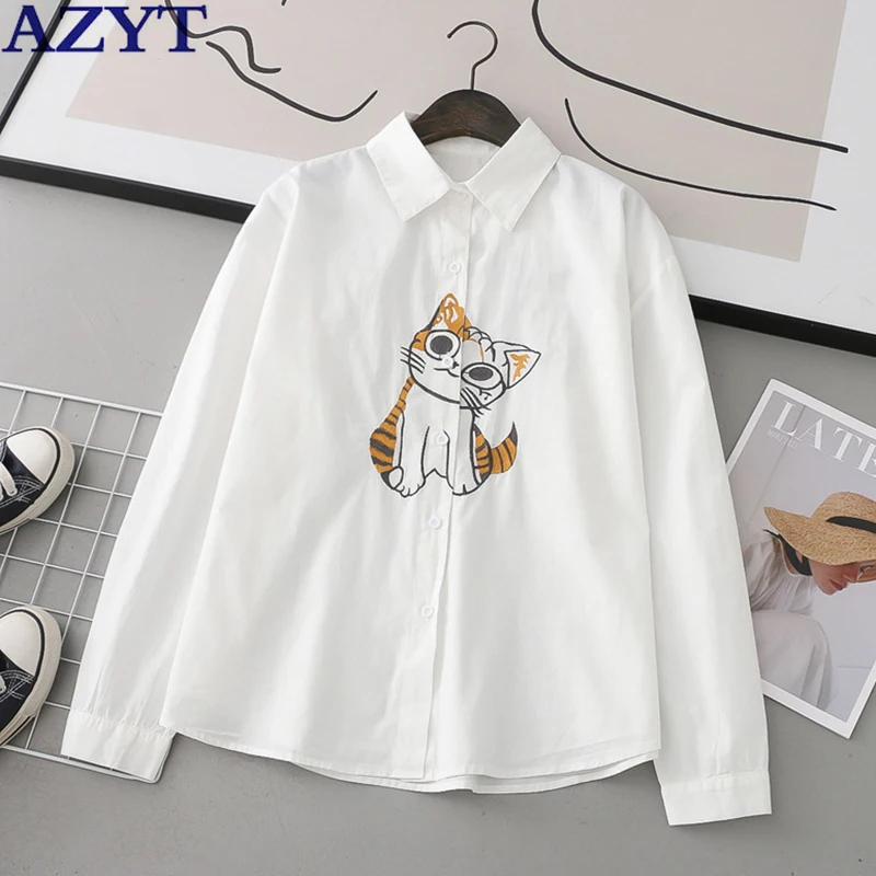 AZYT Cartoon Cat Embroidery Women White Shirt Casual Turn Down Collar Women's Blouse Loose All Match blusas mujer de moda 2022
AZYT Cartoon Cat Embroidery Women White Shirt Casual Turn Down Collar Women's Blouse Loose All Match blusas mujer de moda 2022