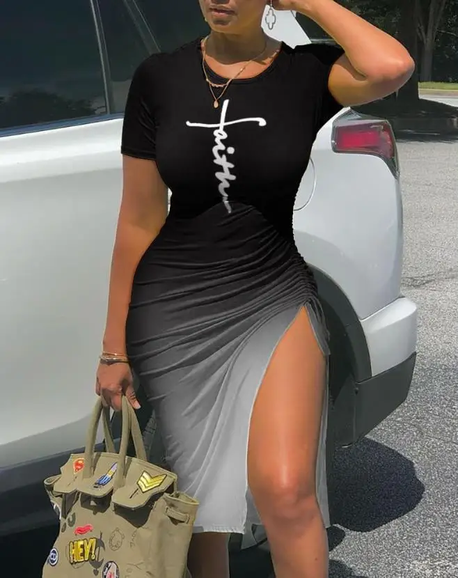 Summer 2023 Casual Drawstring Ruched High Slit Dress Daily Fashion Women's Faith Ombre Print Skinny Midi Tee Dresses
Summer 2023 Casual Drawstring Ruched High Slit Dress Daily Fashion Women's Faith Ombre Print Skinny Midi Tee Dresses
