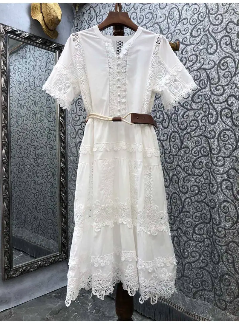 100%Cotton Women's Dress 2022 Spring Summer Party Ladies V-Neck Hollow Out Embroidery String Belt Short Sleeve Vintage Dress
100%Cotton Women's Dress 2022 Spring Summer Party Ladies V-Neck Hollow Out Embroidery String Belt Short Sleeve Vintage Dress