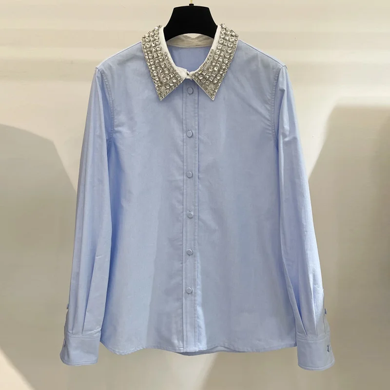 Женская модельная рубашка из хлопка, голубая однобортная блузка с длинным рукавом и воротником со стразами, элегантный офисный Топ, весна 2023
Женская модельная рубашка из хлопка, голубая однобортная блузка с длинным рукавом и воротником со стразами, элегантный офисный Топ, весна 2023