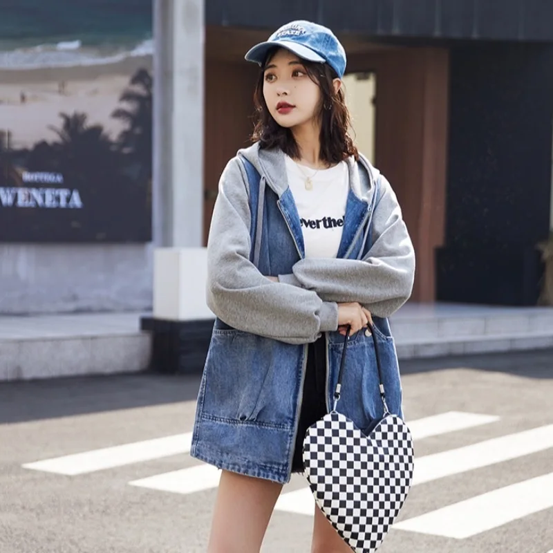 

Korean Casual Loose Chic Zippered Decorate Big Pocket Spliced Hooded Denim Outwear Spring Autumn Women Long Sleeve Jeans Jacket