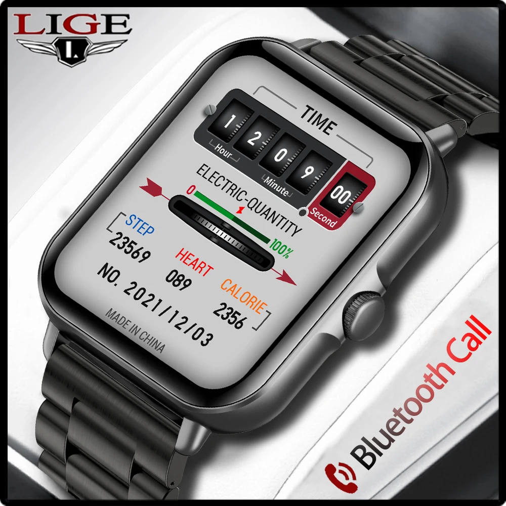 Смарт-часы LIGE мужские водонепроницаемые с поддержкой Bluetooth и сенсорным экраном -