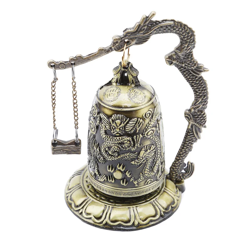 

Exquisite Antique Home Decoration Zinc Alloy Vintage Style Bronze Slot Dragon Carved Buddhist Bell Chinese Geomantic Artware