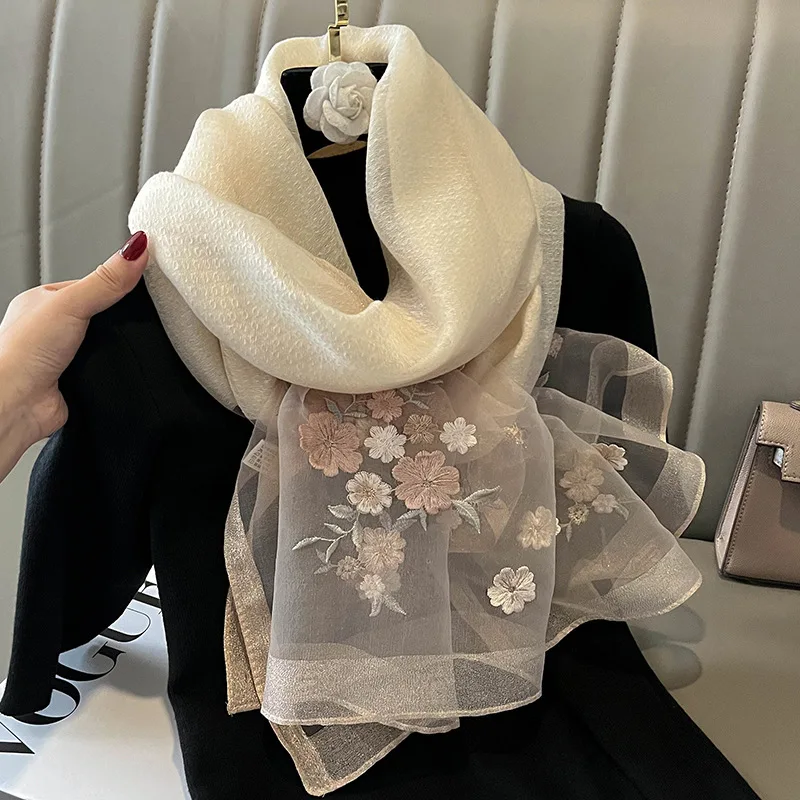 

Silk wool Shawls Scarf for Lady Large Floral Beach Stoles Foulard Female Hijab Thin Bufanda Scarves Women Luxury Pashmina Wraps